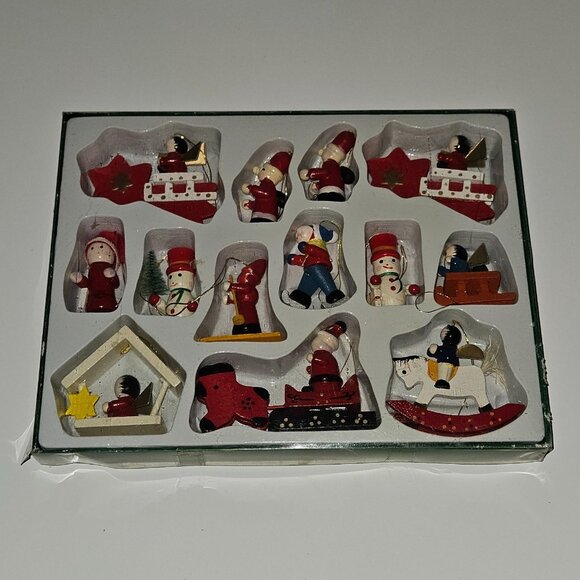 13 VTG Mervyn's Mini Wood Ornaments Christmas Tree Decor Lot Snowmen Santa Angel - Picture 1 of 14